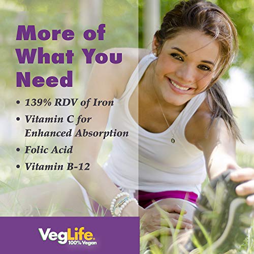 VegLife Vegan Iron 25 mg | Plus Vitamin C, Folic Acid, B-12 and VegiBlend Food Base | Plant Based Iron Supplement for Women & Men | 100 Tablets