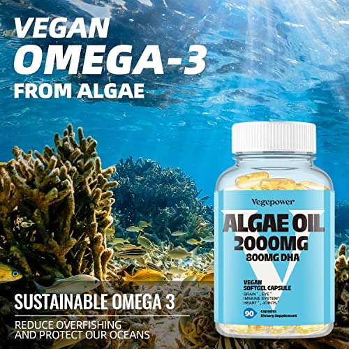 Vegan Algae Oil Omega-3 DHA - 2000mg Algae Oil with 800mg DHA Supports Brain, Heart, Eyes Health, Plant-Based Non-GMO, Cruelty Free Prenatal Supplement, Sustainable Fish Oil Alternative 90 Softgels