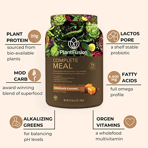 PlantFusion Complete Meal Replacement Shake - Plant Based Protein Powder with Superfoods, Greens & Probiotics - Vegan, Gluten Free, Soy Free, Non-Dairy, No Sugar, Non-GMO - Chocolate Caramel 1 lb