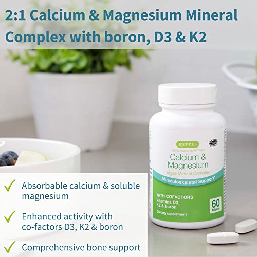 High Absorption Algae Calcium & Magnesium Supplement, Plant Based, K2 & D3, Non-GMO Red Algae Mineral Complex for Bone & Teeth Support, with Boron, Vegan, 60 Tablets, by Igennus