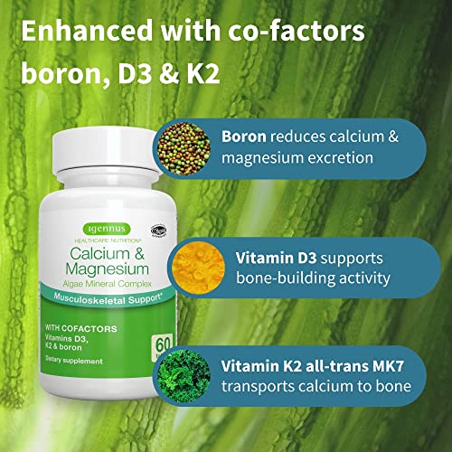 High Absorption Algae Calcium & Magnesium Supplement, Plant Based, K2 & D3, Non-GMO Red Algae Mineral Complex for Bone & Teeth Support, with Boron, Vegan, 60 Tablets, by Igennus