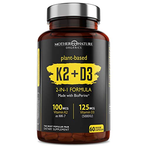 Mother Nature Organics Vitamin K2 + D3 Supplement Plant-Based Vegan D3 (5000iu) with MK7 Vitamin K2 (100mcg) - 60 Vegetable Capsules
