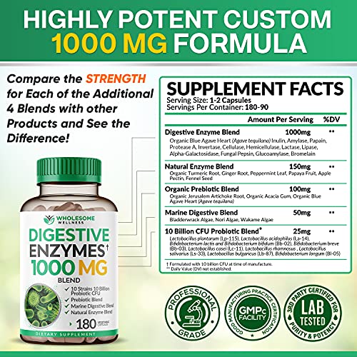 Wholesome Wellness Digestive Enzymes 1000MG Plus Prebiotics & Probiotics Supplement, 180 Capsules, Organic Plant-Based Vegan Formula for Digestion & Lactose with Amylase & Bromelain,1-2 Month Supply