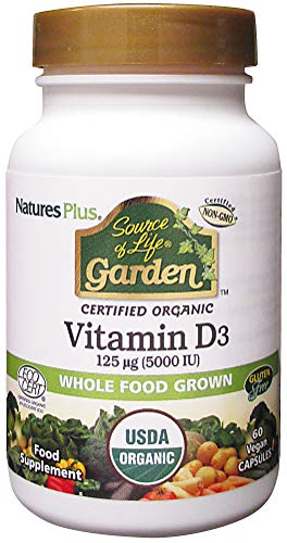 NaturesPlus Source of Life Garden Certified Organic Vitamin D3 - Cholecalciferol 5000 iu, 60 Vegan Capsules - Whole Food Plant-Based Supplement - Vegetarian, Gluten-Free - 30 Servings