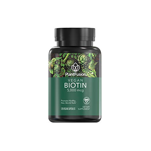 PlantFusion Vegan Biotin from, Premium Vegan Biotin for Women and Men (5000mcg), Natural Hair Skin and Nails Vitamins, 120 Vegan Capsules