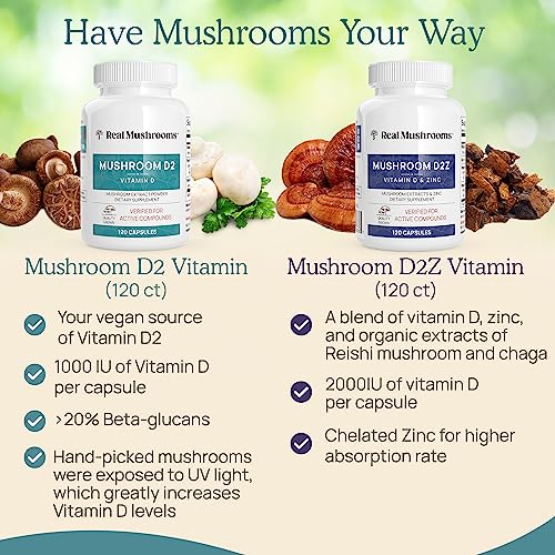 Real Mushrooms Vitamin D2 (120 ct) Vegan Vitamin D Supplements - Organic Vitamin D Vegan Supplement 1000 IU Shiitake & Agaricus Mushroom Complex - Vegan Vitamins for Bone & Muscle Health, Energy, Mood