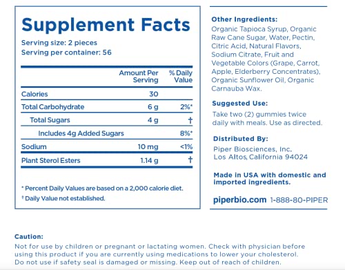 Piper Biosciences Plant Sterols Gummies for Cholesterol and Heart Health (112 Gummies): Vegan, Chewable Phytosterol Cholesterol Supplement *