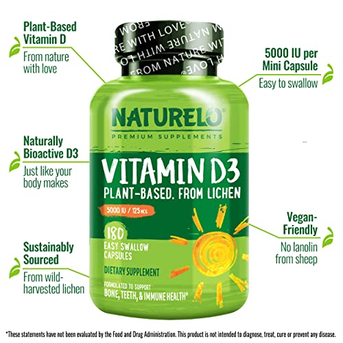 NATURELO Vitamin D - 5000 IU - Plant Based from Lichen - Natural D3 Supplement for Immune System, Bone Support, Joint Health - High Potency - Vegan - Non-GMO - Gluten Free - 180 Capsules