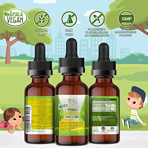 Amala Vegan - Omega 3 for Kids - Organic Lemon, Vegan, Liquid Supplement - Kids Fish Oil with DHA, EPA, DPA Fatty Acids - Plant Based Algae Oil - Immune, Heart, Brain Health for Children- 30-60 Doses