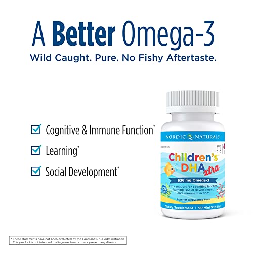Nordic Naturals Children’s DHA Xtra, Berry Punch - 90 Mini Chewable Soft Gels for Kids - 636 mg Omega-3s EPA & DHA - Cognitive & Immune Function, Learning, Social Development - Non-GMO - 30 Servings
