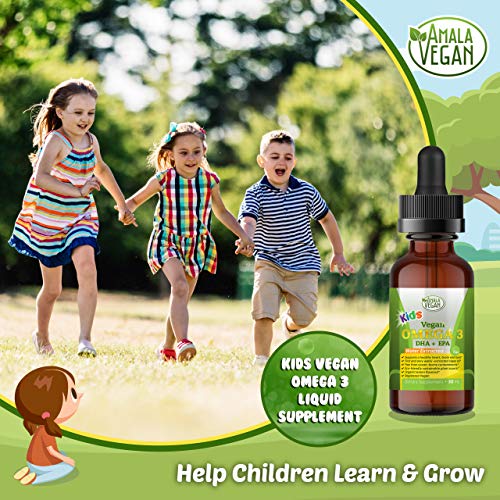 Amala Vegan - Omega 3 for Kids - Organic Lemon, Vegan, Liquid Supplement - Kids Fish Oil with DHA, EPA, DPA Fatty Acids - Plant Based Algae Oil - Immune, Heart, Brain Health for Children- 30-60 Doses