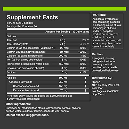 Hippo7 Vegan Complete Multivitamin Vitamin B12, Vitamin D, Omega-3 DHA+EPA, Calcium, Iodine, Zinc & Iron. (1 Bottle, 60 Softgels)