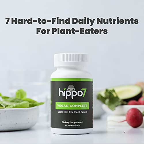 Hippo7 Vegan Complete Multivitamin Vitamin B12, Vitamin D, Omega-3 DHA+EPA, Calcium, Iodine, Zinc & Iron. (1 Bottle, 60 Softgels)