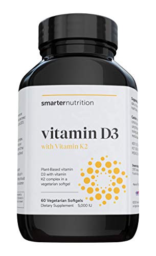 Plant-Based Vitamin D3 Immune Support with Vegan K2 Complex in a Vegetarian Softgel - Includes 5,000 IU of Vitamin D for Immunity Boost, Complete Bone Health & Arterial Protection (1 D3+K2)
