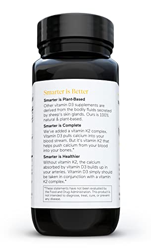Plant-Based Vitamin D3 Immune Support with Vegan K2 Complex in a Vegetarian Softgel - Includes 5,000 IU of Vitamin D for Immunity Boost, Complete Bone Health & Arterial Protection (1 D3+K2)