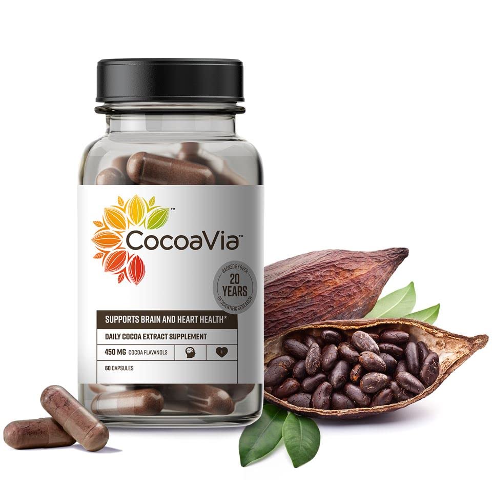 CocoaVia Heart & Brain Supplement, 30 Day, 450 mg Cocoa Flavanols, Memory & Circulation Booster, Nitric Oxide, Boost Oxygen & Energy, Plant Based, Gluten Free, Vegan, 60 Capsules