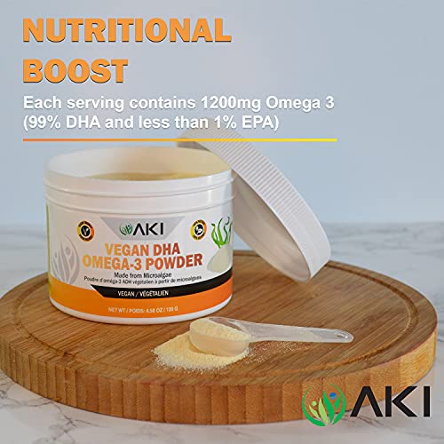AKI Omega 3 DHA Micro Algae Powder Supplements - Plant Based Keto Vitamin for Brain, Immune & Inflammation - Alternative to Fish or Krill Oil | Vegan & GMO Free (4.58 Oz / 130G)