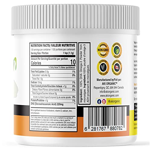 AKI Omega 3 DHA Micro Algae Powder Supplements - Plant Based Keto Vitamin for Brain, Immune & Inflammation - Alternative to Fish or Krill Oil | Vegan & GMO Free (4.58 Oz / 130G)