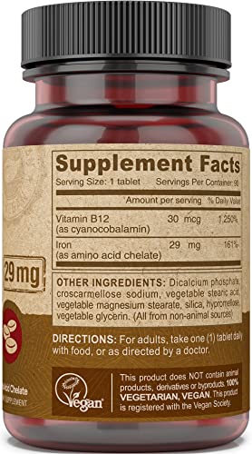 Deva Nutrition Vegan Chelated Iron 29 mg Fortified with B-12 - High Potency, Easy to Swallow - 90 Tablets, 1-Pack