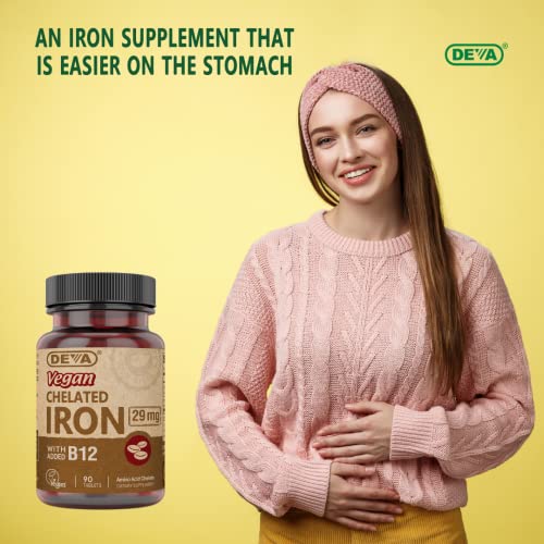 Deva Nutrition Vegan Chelated Iron 29 mg Fortified with B-12 - High Potency, Easy to Swallow - 90 Tablets, 1-Pack