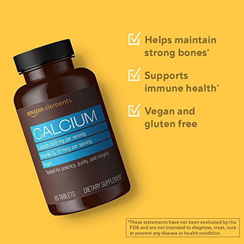 Amazon Elements Calcium plus Vitamin D, Calcium 500mg with D2 600IU, Vegan, 65 Tablets (2 month supply) (Packaging may vary)