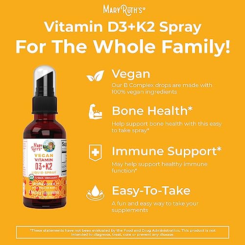 MaryRuth Organics Vitamin D3, K2, Liquid Spray, Supplement for Adults and Kids, Calcium Absorption Strong Bones, Vegan, Non-GMO, Gluten Free, 1 Fl Oz, Pack of 1