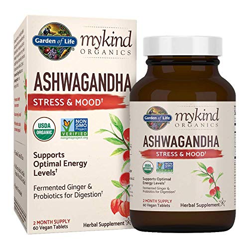 Garden of Life Organic Ashwagandha Stress, Mood & Energy Support Supplement with Probiotics & Ginger Root for Digestion - mykind Organics - Vegan, Gluten Free, Non GMO – 2 Month Supply, 60 Tablets