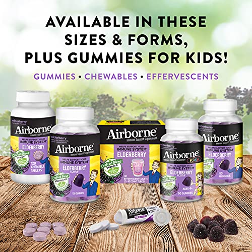 Airborne Elderberry + Zinc & Vitamin C Gummies For Adults, Immune Support Vitamin D & Zinc Gummies with Powerful Antioxidant Vitamins C D & E - 60 Gummies, Elderberry Flavor