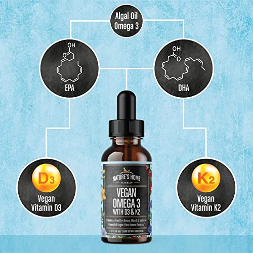 Vegan Omega 3 Liquid Orange Flavor Omega Three Drops for Adults, Kids Carrageenan Free Supplement with 300mg DHA and 150mg of EPA, 5000 IU of Vitamin D3 & K2, All Ingredients 100% Vegan 60 Days…
