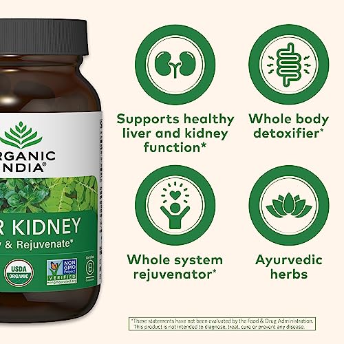 ORGANIC INDIA Liver Kidney Herbal Supplement - Detoxify & Rejuvenate, Supports Healthy Liver & Kidney Function, Vegan, Gluten-Free, Kosher, USDA Certified Organic, Non-GMO - 90 Capsules