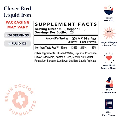 Clever Bird Liquid Iron Supplement, 15mg per Serving, Vegan Drops for Kids & Adults, Prenatal Iron Vitamin, Energy Support, High Potency, Chocolate, Includes Bonus Smart Brain Guide, 4 Oz