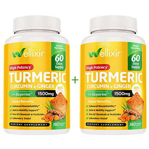 WELLIXIR Organic Turmeric Supplement – Curcumin with Bioperine Capsules – Veggie Caps with Ginger Root Extract, Curcumin and Turmeric for Joint Health – 95% Curcuminoids Formula