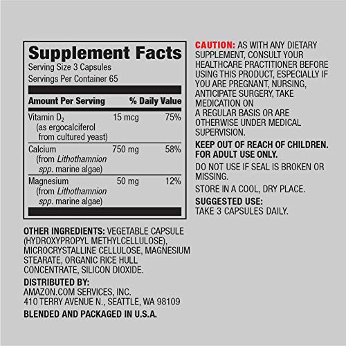 Amazon Elements Calcium Complex with Vitamin D, 250 mg Calcium per Serving (3 Capsules), Vegan, 195 Capsules (Packaging may vary)