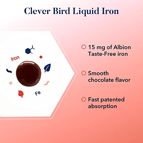 Clever Bird Liquid Iron Supplement, 15mg per Serving, Vegan Drops for Kids & Adults, Prenatal Iron Vitamin, Energy Support, High Potency, Chocolate, Includes Bonus Smart Brain Guide, 4 Oz