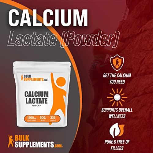 BulkSupplements.com Calcium Lactate Powder - Calcium Lactate Supplement - Calcium Powder - Calcium Lactate Food Grade - Vegan Calcium - 1500mg (195mg Calcium) per Serving (500 Grams -1.1 lbs)