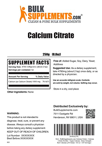 BulkSupplements.com Calcium Citrate Powder - Calcium Citrate Supplement - Calcium Powder Supplement - Calcium 1000mg - Calcium Supplement - 4760mg (1000mg Calcium) per Serving (250 Grams - 8.8 oz)