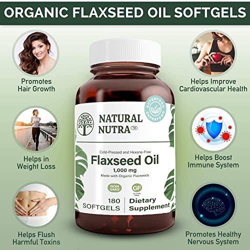 Natural Nutra Organic Flaxseed Oil Softgels, Plant Based Omega 3 6 9, Fatty Acids Supplement (ALA, LA and Oleic Acid), Cold Pressed, 1000 mg