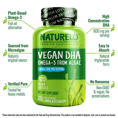 NATURELO Vegan DHA - Omega 3 Oil from Algae - Supplement for Brain, Heart, Joint, Eye Health - Provides Essential Fatty Acids for Women Men and Kids - Complements Prenatal Vitamins - 120 Softgels
