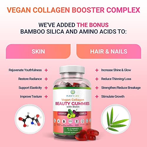 Vegan Collagen Gummies with Biotin Vitamins for Hair Skin and Nails Health, Anti-Aging (90 Chews) Collagen Booster Superfruit Complex with Resveratrol, Vitamin A, E, C - Replace Capsules, Pills