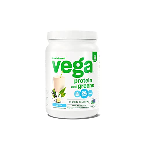 Vega Protein and Greens Vegan Protein Powder Vanilla (18 Servings) - 20g Plant Based Protein Plus Veggies, Vegan, Non GMO, Pea Protein for Women and Men, 1.2lb (Packaging May Vary)