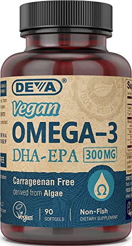 DEVA Vegan Omega-3 DHA EPA Supplement Once-Per-Day Softgel 300 MG - Carrageenan Gelatin & Gluten Free - Non-Fish Algae Oil Fatty Acids - 90 Softgels