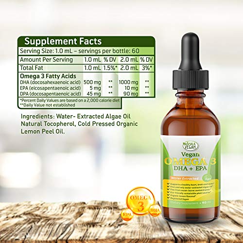 Potent & Organic Vegan Omega 3 Liquid Supplement: Better Than Fish Oil! Plant Based Water Extracted Algae Oil- DHA EPA DPA Fatty Acids- Non GMO- Supports Immune, Heart, Brain & Joint Health-60 Doses