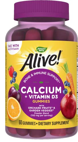 Nature's Way Alive! Premium Calcium + D3 Gummies, Supports Healthy Bones & Muscles*, Strawberry and Raspberry Lemonade Flavored, 60 Gummies