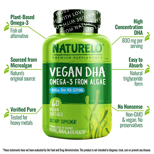 NATURELO Vegan DHA - Omega 3 Oil from Algae - Supplement for Brain, Heart, Joint, Eye Health - Provides Essential Fatty Acids for Women, Men and Kids - Complements Prenatal Vitamins - 60 Softgels