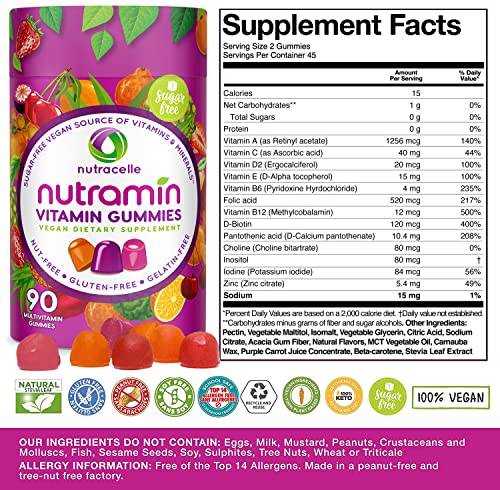 NUTRAMIN Daily Vegan Keto Multivitamin Gummies Vitamin C, D2, and Zinc for Immunity, Plant-Based, Sugar-Free, Nut-Free, Gluten-Free, with Biotin, Vitamin A, B, B6, B12 & More 90 Count, 45 Day Supply