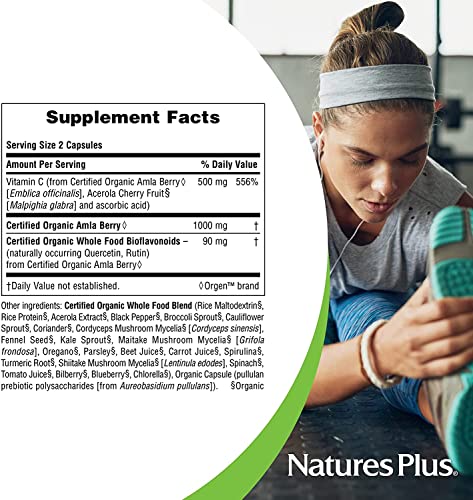 NaturesPlus Source of Life Garden Certified Organic Vitamin C - 500 mg, 60 Vegan Capsules - Whole Food Immune Support Supplement, Antioxidant - Vegetarian, Gluten-Free - 30 Servings