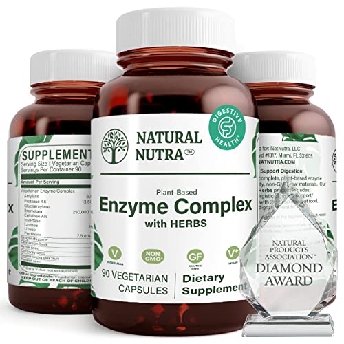 Natural Nutra Plant Based Digestive Enzyme Complex with Herbs, Prevents Stomach, Bloating, Amylase, Bromelain, Lipase, Protease, Lactase, 90 Vegan Capsules