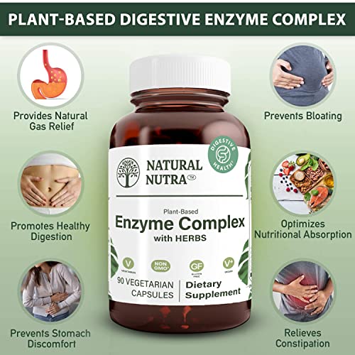 Natural Nutra Plant Based Digestive Enzyme Complex with Herbs, Prevents Stomach, Bloating, Amylase, Bromelain, Lipase, Protease, Lactase, 90 Vegan Capsules