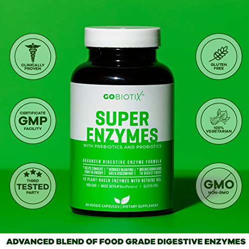 Super Enzymes by GoBiotix | 15 Vegan + Plant-Based Digestive Enzymes w/ Prebiotics Supplement | Probiotics & Bioperine | Supports Gut Health, Digestion, Lactose Absorption & Leaky Gut | 60 Count