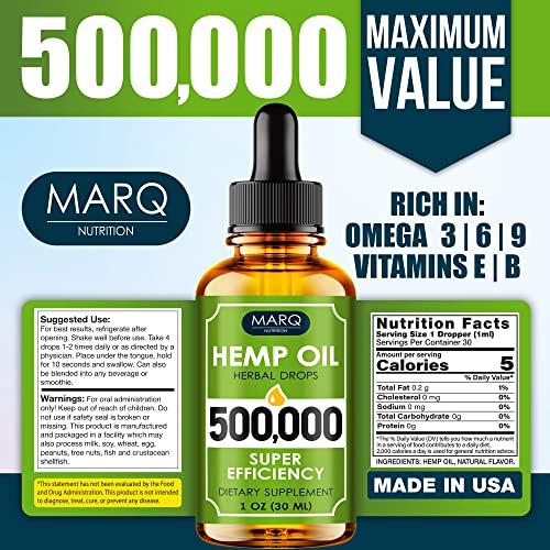 Hemp Seed Oil Drops 500,000 - Natural Omega 3, 6, 9 Source - Grown and Made in USA